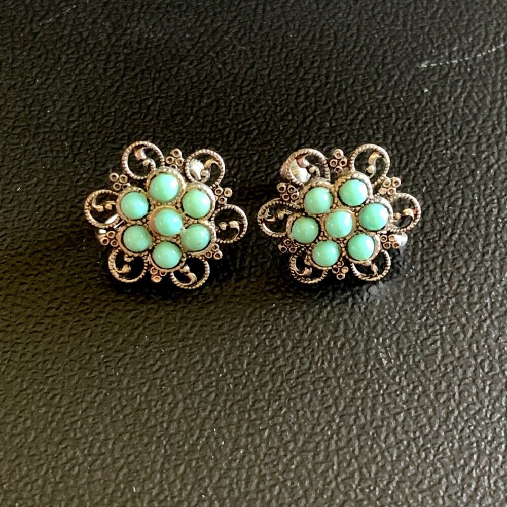 Vintage 1940s Turquoise Filigree Screw Back Earrings Silver Tone